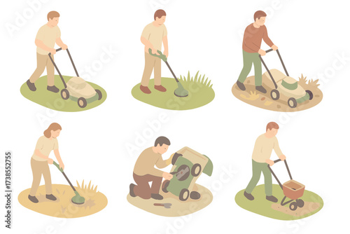 Seasonal Lawn Care. Isometric vector illustration set Garden Trellis Installation: hammer and nails beside trellis, measuring tape