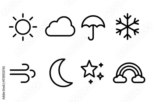 Romantic Trip Icon Set. Outline icon set of romantic trip weather: sun, clouds, rain umbrella, snowflake, wind, moon, stars, rainbow. Line icons in only black