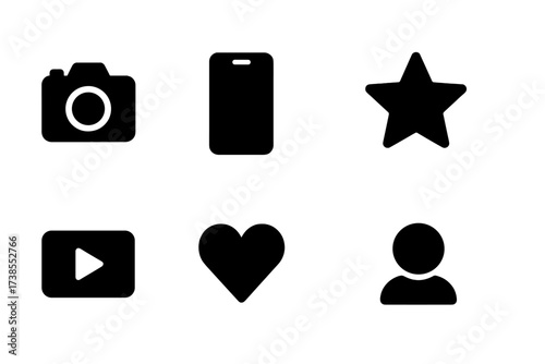 Influencer Icon Set. Solid, filled icon set of influencer PR: camera, smartphone, star, megaphone, video play, heart, chat bubble, user. [Line icons in only