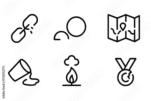 Icons of Defeat. Outline icon set of defeat and failure: broken chain, dropped ball, closed door, lost map, spilled drink, extinguished flame, crumpled paper,