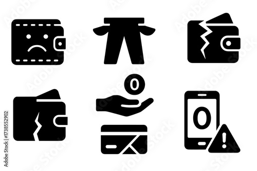 Wallet Distress Icons. Solid, filled icon set of wallet distress: sad wallet, empty pockets, broken wallet strap, wallet with tear, no money hand gesture, zero
