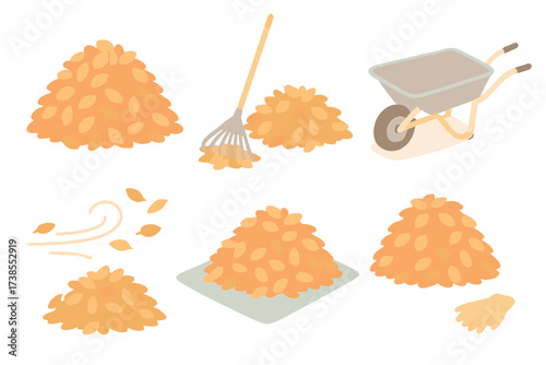 Leaf Pile Gathering. Isometric vector illustration set Leaf Pile Gathering: large pile of fallen leaves, leaves being raked into