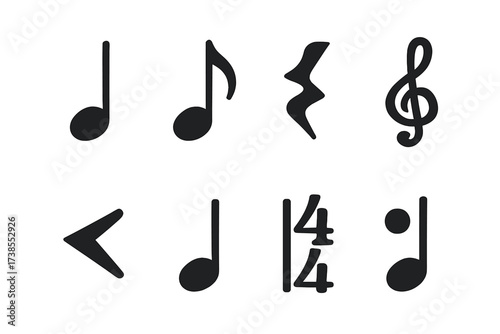 Orchestra Symbol Icons. Solid, filled icon set of orchestra music elements: notes, rests, clefs, dynamics, tempo, time signature, key signature, articulation.