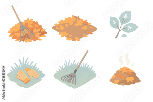 Seasonal Leaf Cleanup. Isometric vector illustration set Seasonal Leaf Cleanup: autumn leaves being gathered, rake marks among