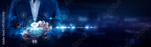 Canvas Print Edge Computing, Businessman using mobile smartphone and decentralized servers connecting data low latency, IoT devices, real-time analytics, cloud integration, scalability, performance