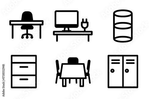 Office Vacancy Icons. Solid, filled icon set of office vacancy: empty desks, no employees, blank monitors, unplugged equipment, empty stationery holders, empty
