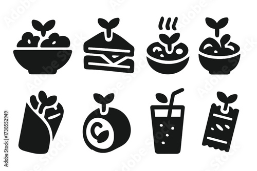 Sprouting Food Icons. Solid, filled icon set of sprouting related foods: salad, sandwich, stir fry, soup, wrap, sushi, juice, snack. [Line icons in only black