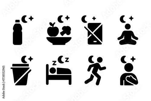 Night Care Icons. Solid, filled icon set of night care lifestyle habits: hydration, balanced diet, no screen time, meditation, no caffeine, regular sleep,