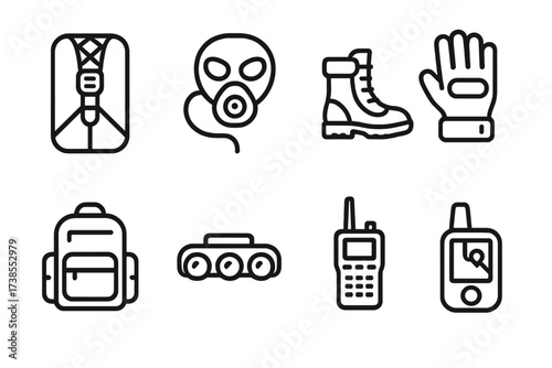 Airborne Equipment Icons. Outline icon set of airborne equipment: parachute pack, oxygen mask, combat boots, tactical gloves, backpack, night vision goggles,