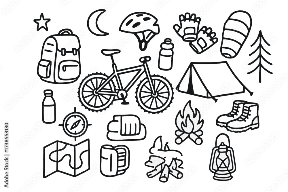 Fototapeta premium Bike Camping Essentials. Hand-drawn doodle illustration Bike camping trip mountain bike, tent, campfire, backpack, water bottle, helmet, gloves, star, moon,