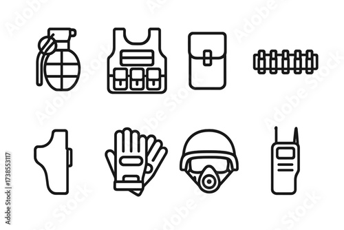 Tactical Gear Icons. Outline icon set of grenade tactical gear: tactical vest, grenade pouch, ammo belt, holster, gloves, helmet, communication device, gas