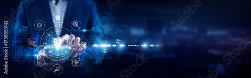 Fotografie Innovation Technology, Businessman using mobile smartphone and advanced solutions connecting data AI integration, blockchain, AR/VR, cloud computing, quantum research, digital transformation