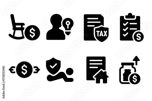 Financial Planning Icons. Solid, filled icon set of financial planning services: retirement plan, investment advice, tax planning, budgeting, debt management,