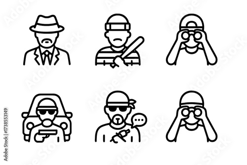 Gang Icon Set. Outline icon set of gang members: leader, henchman, lookout, getaway driver, negotiator, enforcer, tattoo artist, lookout. Line icons in only
