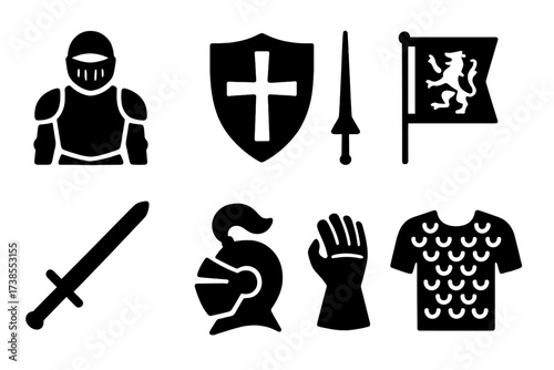 Medieval Icon Set. Solid, filled icon set of medieval chivalry: armor, shield with cross, jousting lance, heraldic banner, knight?s sword, helmet plume,