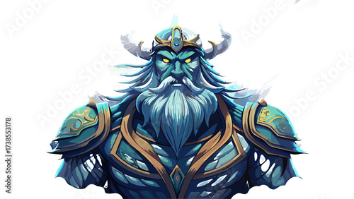 Colossal frost giant towering above fjord, icy braided beard, horned bone crown, glowing runes across chest, storm clouds swirling, aurora lights shimmering, semi-realistic vector style, transparent 