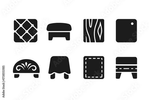 Black Stool Icons. Solid, filled icon set of stool decorative elements: upholstery pattern, cushion, wooden texture, metal finish, painted surface, carving,