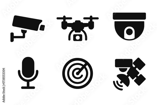 Surveillance Device Icons. Solid, filled icon set of surveillance devices: CCTV camera, drone, night vision goggles, security camera, microphone, radar, motion
