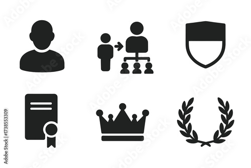 Family Icons Set. Solid, filled icon set of family succession: ancestor, descendant, family tree, heritage crest, seal, document, royal crown, laurel wreath.