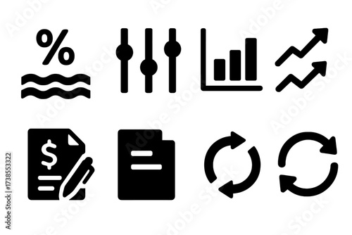 Black Financial Icons. Solid, filled icon set of floating interest: wave percentage, adjustable rate, market icon, rate trend graph, variable loan, contract