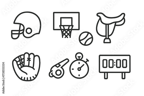 Sports Equipment Icons. Outline icon set of sports equipment: football helmet, basketball hoop, tennis ball, horse saddle, baseball glove, referee whistle,