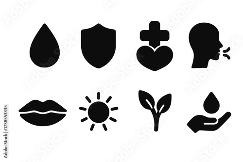 Lip Balm Benefits Icons. Solid, filled icon set of lip balm benefits: hydration, protection, healing, soothing, anti-chapping, UV protection, nourishment,