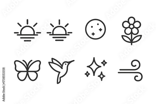 Nature Icon Collection. Outline icon set of desire nature: sunrise, sunset, full moon, blooming flower, butterfly, hummingbird, sparkles, soft breeze. Line