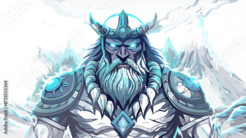 Colossal frost giant towering above fjord, icy braided beard, horned bone crown, glowing runes across chest, storm clouds swirling, aurora lights shimmering, semi-realistic vector style, transparent