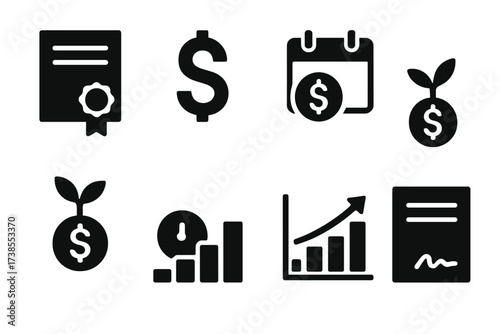 Bond Investment Icons. Solid, filled icon set of bond investment: bond certificate, dollar sign, interest payment, bond maturity, investment portfolio,