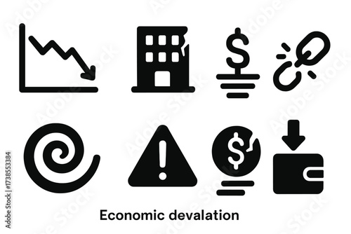 Economic Crisis Icons. Solid, filled icon set of economic devaluation: falling stock chart, crumbling building, declining cash flow, broken chain, downward