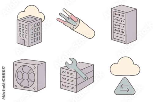 Cloud Storage Infrastructure Scene. Isometric vector illustration set Cloud storage infrastructure: data center building, fiber