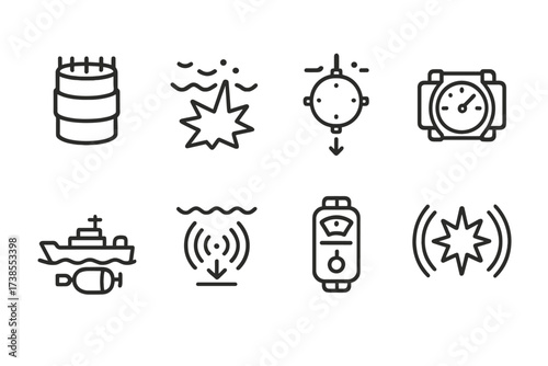 Depth Charge Icons. Outline icon set of depth charge: explosive device, underwater detonation, sinking bomb, timer mechanism, naval ship launcher, sonar
