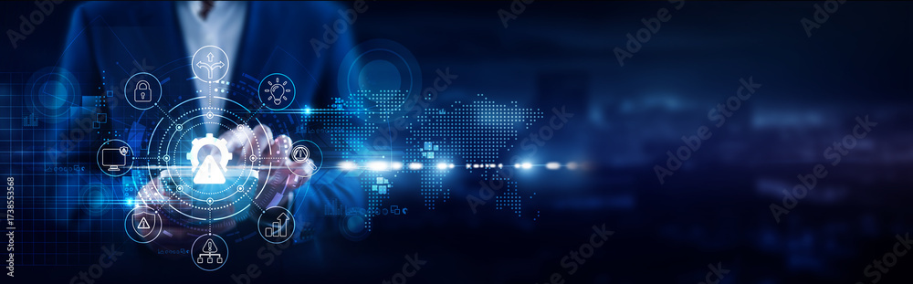 Naklejka premium Risk Management, Businessman using mobile smartphone and compliance dashboards connecting data fraud detection, financial risk, operational monitoring, insurance analytics, security threats