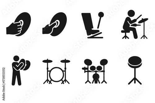 Cymbal Icon Variations. Solid, filled icon set of cymbals playing positions: left hand, right hand, foot pedal, seated drummer, standing percussionist,