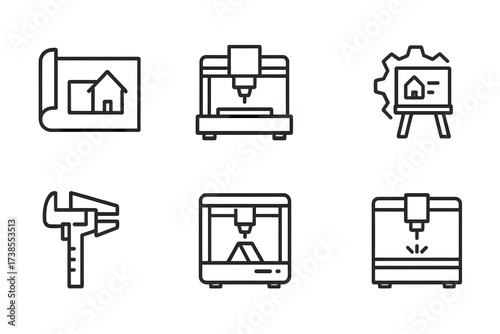 Precision Engineering Icons. Outline icon set of precision engineering: blueprint, CNC machine, drafting table, gear wheel, caliper, circuit board, 3D printer,