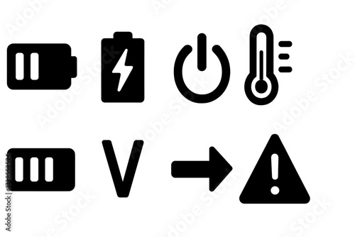 Power Cell Icons. Solid, filled icon set of power cell indicators: battery level, charging status, power output, temperature gauge, health bar, voltage