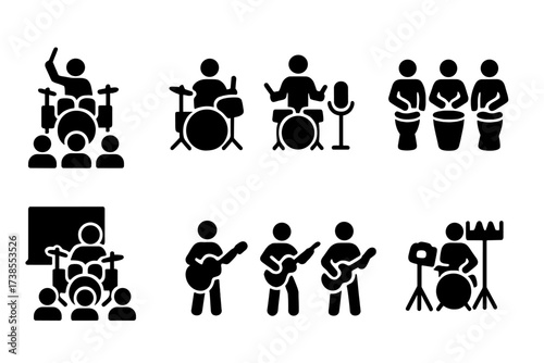 Backbeat Performance Icons. Solid, filled icon set of backbeat performance settings: live concert, studio recording, rehearsal, drum circle, classroom, jam