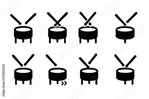 Floor Tom Techniques Icons. Solid, filled icon set of floor tom playing techniques: open stroke, rim shot, muffled hit, roll, accented hit, ghost note, double