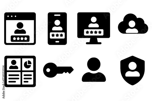Online Access Icons. Solid, filled icon set of online account access: browser login, mobile login, desktop access, cloud account, user dashboard, access key,