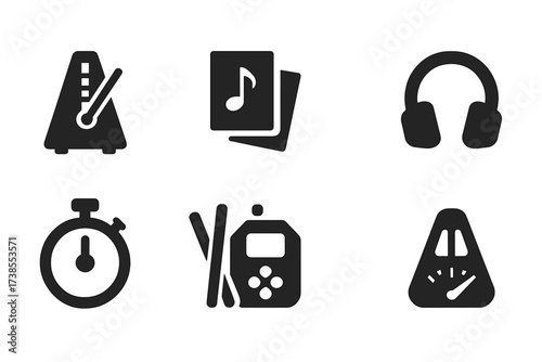 Rhythm Practice Icons. Solid, filled icon set of rhythm practice tools: metronome, sheet music, practice pad, drumsticks, headphones, timer, recording device,