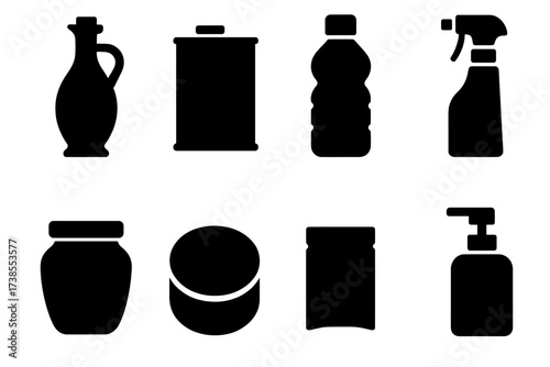 Olive Oil Packaging Icons. Solid, filled icon set of olive oil packaging: glass bottle, metal can, plastic bottle, spray bottle, jar, tin, sachet, pump bottle.