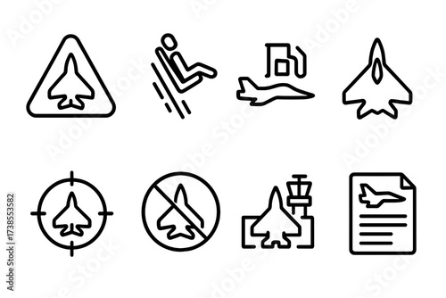 Fighter Jet Icon Set. Outline icon set of fighter jet symbols: warning sign, ejection seat, fuel symbol, stealth mode, target lock, no-fly zone, airbase,