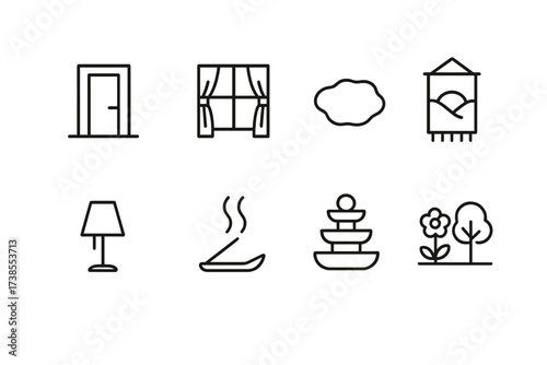 Quiet Environment Icons. Outline icon set of quiet environment: closed door, window with curtains, soft carpet, wall tapestry, low light, incense smoke, small
