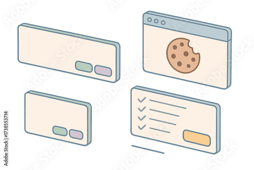Cookie Consent Elements. Isometric vector illustration set Cookie consent interface elements: banner with action buttons, cookie