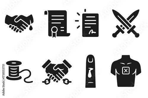 Blood Pact Icons. Solid, filled icon set of blood pact: shaking hands with cuts, sealed scroll, glowing contract, twin blades, crimson thread, chained oath,