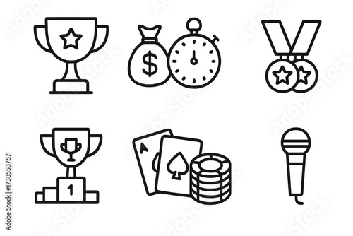 Poker Tournament Icons. Outline icon set of poker tournaments: trophy, money bag, stopwatch, medals, stage, cards, chips, microphone. Line icons in only black