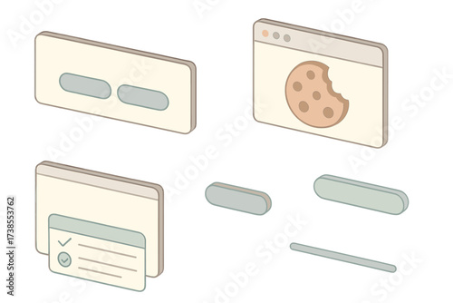 Cookie Consent Elements. Isometric vector illustration set Cookie consent interface elements: banner with action buttons, cookie