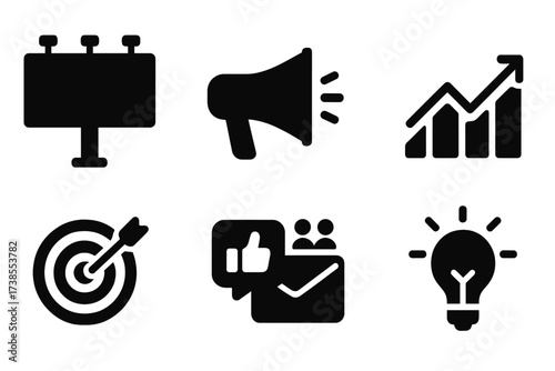 Advertising Icon Set. Solid, filled icon set of advertising campaigns: billboard, megaphone, dollar sign, graph, target, social media, email, light bulb. [Line