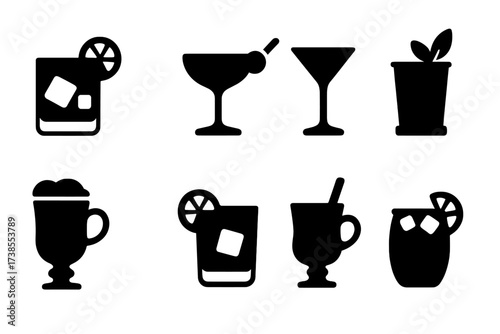 Whiskey Cocktails Icons. Solid, filled icon set of whiskey cocktails: old fashioned, whiskey sour, Manhattan, mint julep, Irish coffee, boulevardier, hot