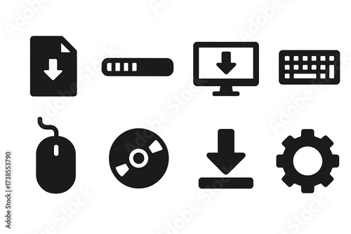 Software Installation Icons. Solid, filled icon set of software installation: setup file, progress bar, computer screen, keyboard, mouse, CD/DVD, download
